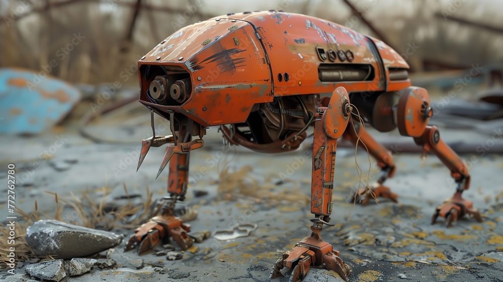 Post-apocalypse, robot dog. Sci-fi scene. Advanced futuristic technology