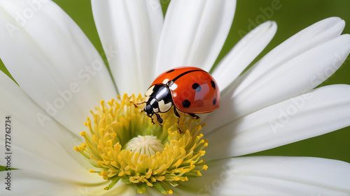 ladybug on white flower with yellow stamens, colorful expressive image of nature 