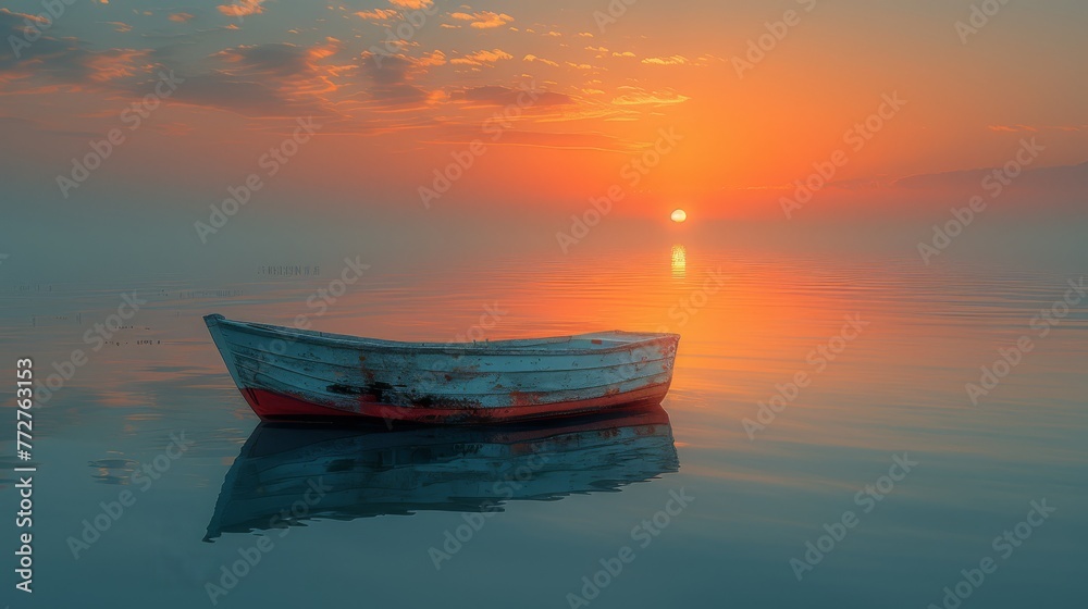   A boat gliding atop water beneath a cloudy sky, with the sun in the background