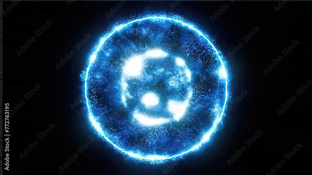 Blue energy magic sphere round hi-tech light digital ball space planet star made of futuristic light rays lines and energy particles. Abstract background