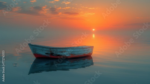  A boat gliding atop water beneath a cloudy sky, with the sun in the background