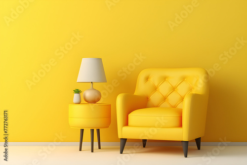  yellow monochrome interior with soft armchair and coffee table, generated by AI. © Полина Сова