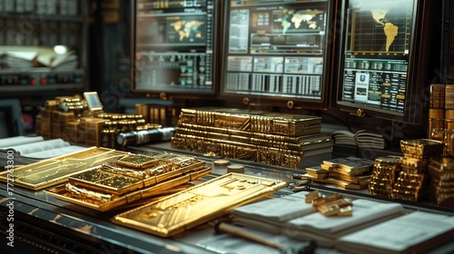 A detailed 3D render of a stock investors toolkit, featuring gold bullion, financial newspapers, and digital analysis tools