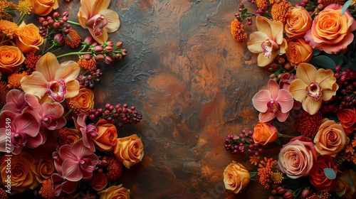  A photo of various blooms against a warm-toned backdrop with space for a title