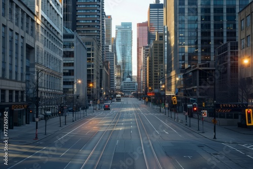 An empty cc, with skyscrapers towering over deserted streets, casting long shadows in the soft morning light, Generative AI