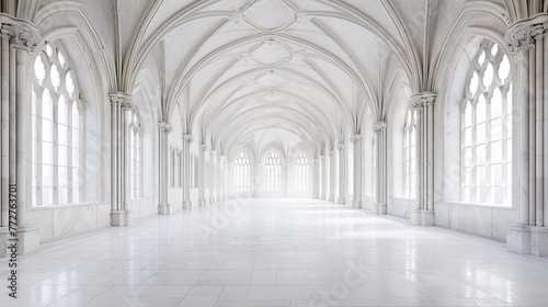 All white hall with many gothic arches marble. copy space for text.
