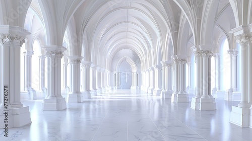 All white hall with many gothic arches marble. copy space for text.