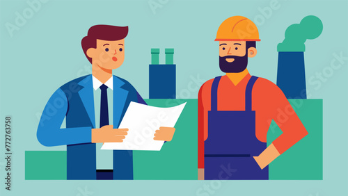 Zoomedin on a factory manager and a local business owner standing side by side looking over blueprints and discussing plans for their joint