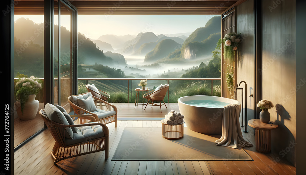 Fototapeta premium A luxurious open balcony with a modern free-standing bathtub overlooking a scenic landscape. The balcony is adorned with stylish wicker furniture, including two chairs and a small round table