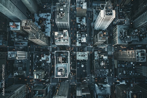 An empty urban skyline seen from above, with rows of buildings and streets devoid of traffic, creating a surreal and hauntingly beautiful aerial view of the deserted city below, Generative AI