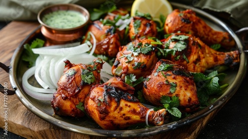 A flavorful platter of tandoori chicken, showcasing marinated chicken pieces roasted in a clay oven until tender and charred, served with mint chutney, sliced onions, and lemon wedges.