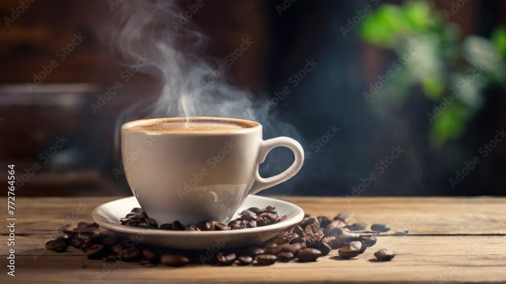 A steaming cup of delicious hot coffee sits on a rustic wooden table