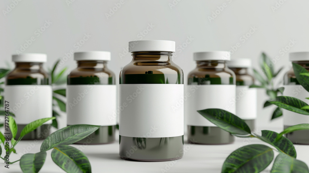 Large central bottle with blank label surrounded by smaller bottles, highlighting different product sizes Large central bottle with blank label surrounded by smaller bottles, highlighting different product sizes