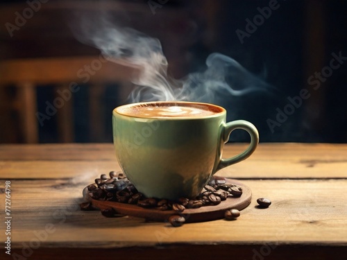 A steaming cup of delicious hot coffee sits on a rustic wooden table