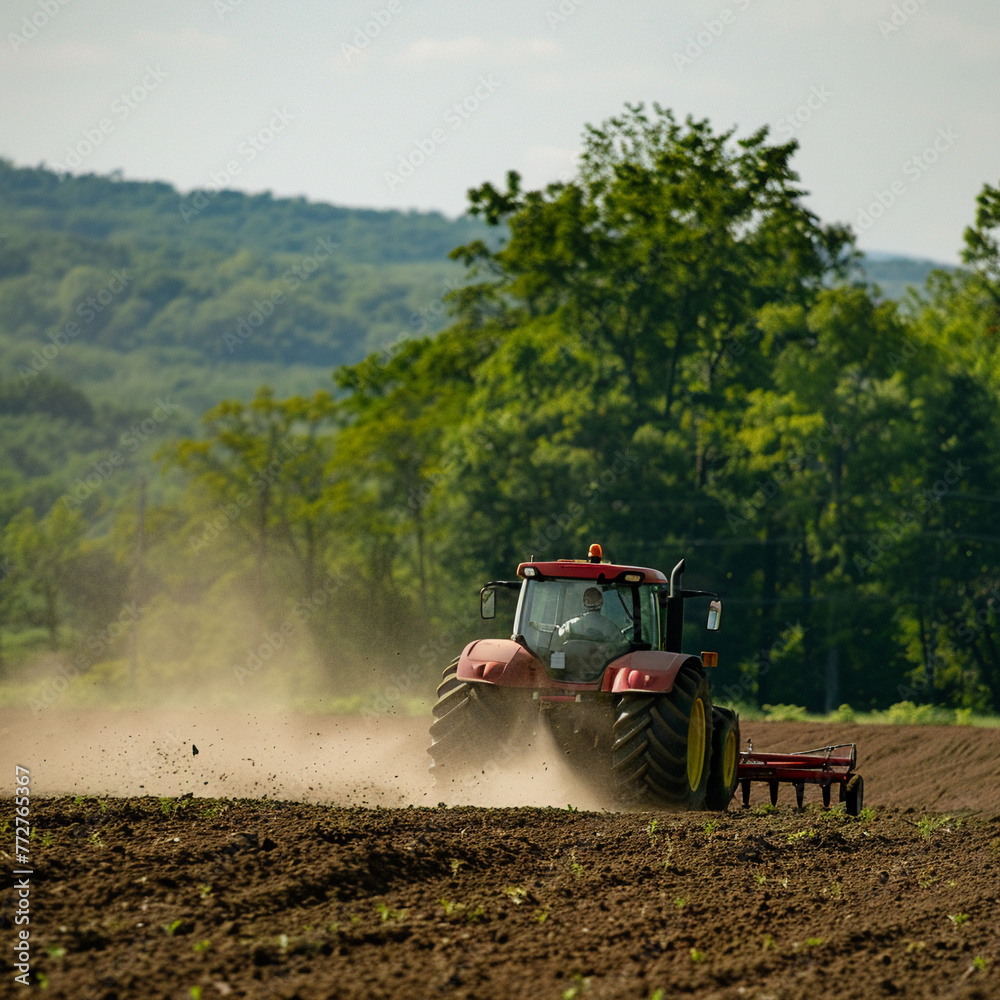 Fototapeta premium An individual driving a tractor through a field, kicking up dust and preparing the land for planting