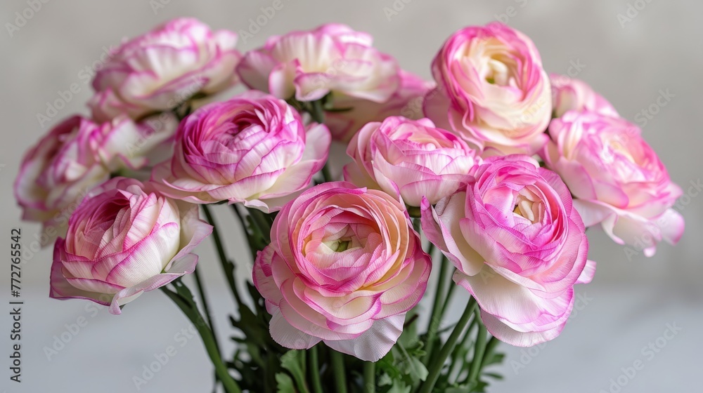 A vase with pink and white flowers sits on a white tablecloth against a white wall A vase with pink and white flowers sits on a white tablecloth against a white wall