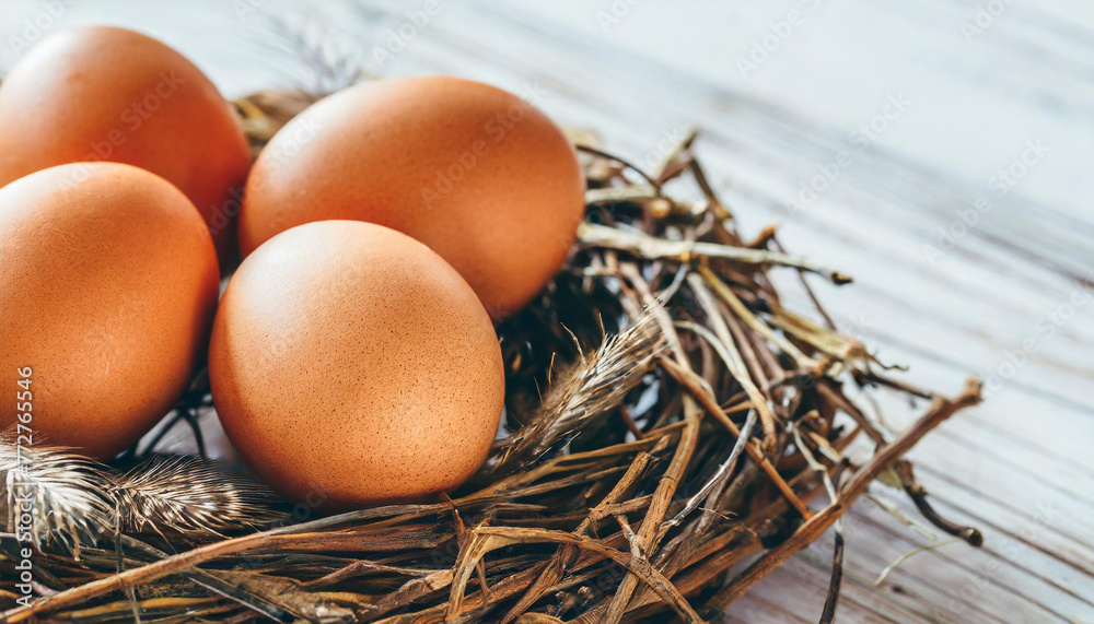 Close up fresh organic eggs on nest on white wooden background. Close up fresh organic eggs on nest on white wooden background.