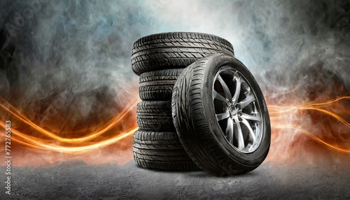 Tire Emporium: Ad Banner Featuring Stacks of Black Rubber Tires Against Asphalt and Smoke