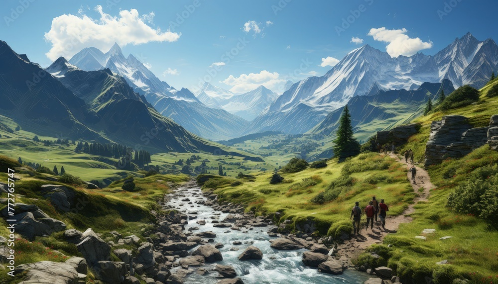 A group hiking in a beautiful mountain range