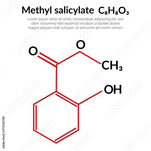 Methyl salicylate (wintergreen oil) C8H8O3 molecular structure formula, suitable for education or chemistry science content. Vector illustration photo