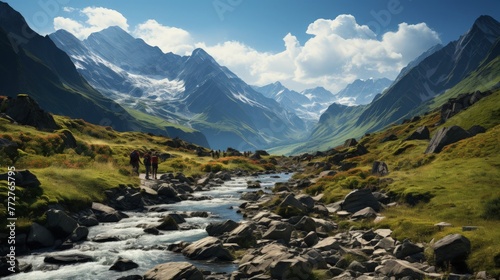 A group hiking in a beautiful mountain range