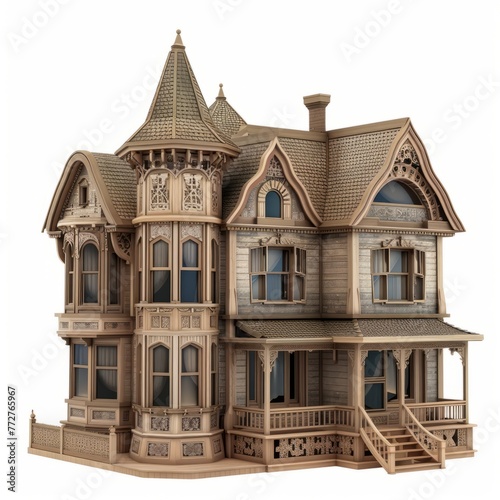 3D Render of a Victorian-style miniature dollhouse with intricate detailing, on isolated white background, Generative AI