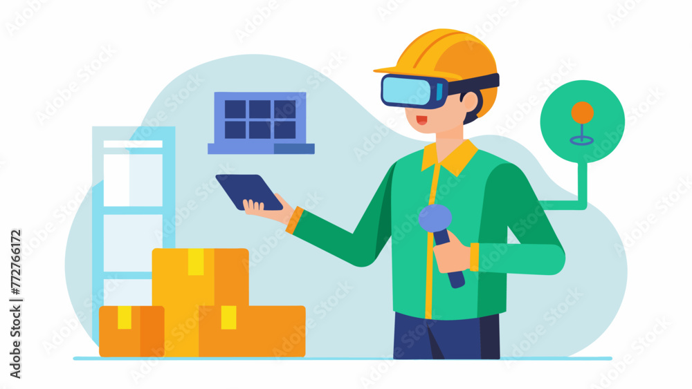 A photo of a worker wearing a VR headset and using a handheld controller to interact with a virtual representation of a warehouse. The caption