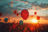 Red balloons flying in sunset, celebration, background, birthday, decoration