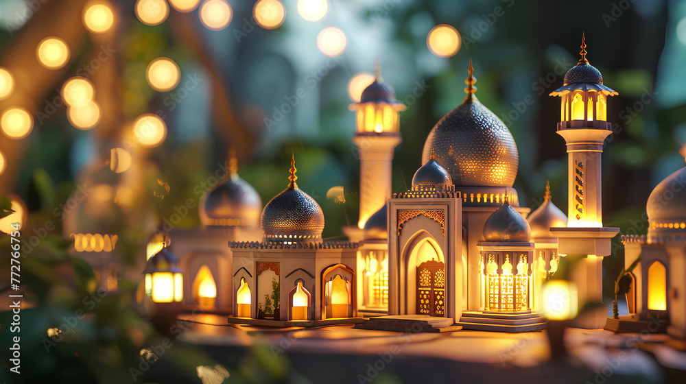 islamic ramadan background, eid al fitri, iftar, eid al adha, beautiful mosque and lantern background. camel in the middle of the desert with mosque - obrazy, fototapety, plakaty 