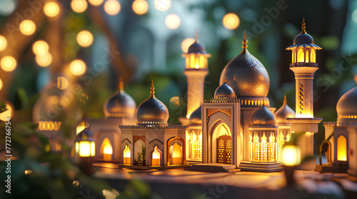 islamic ramadan background, eid al fitri, iftar, eid al adha, beautiful mosque and lantern background. camel in the middle of the desert with mosque photo
