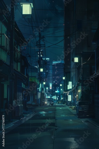 A deserted city at night, illuminated only by the soft glow of streetlights and the faint twinkle of stars in the darkened sky, evoking a sense of eerie tranquility, Generative AI