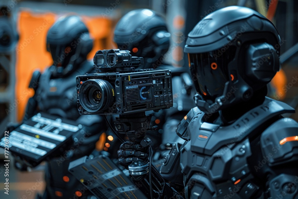 AI cyborg directors in black, movie set action, closeup with cameras and clapperboards - obrazy, fototapety, plakaty 