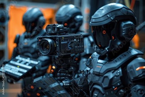 AI cyborg directors in black, movie set action, closeup with cameras and clapperboards