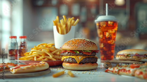 Grabandgo fast food set featuring hamburger, fries, pizza, and soda