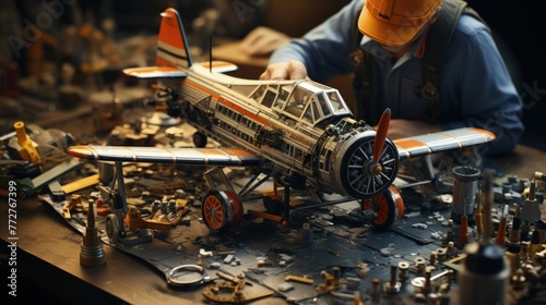 A model airplane builder assembling a plane at a workbench