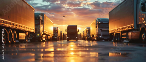Parked trucks with sunrise backdrop, golden light filling the scene photo