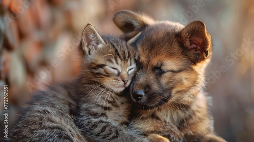 Puppy and kitten together, playing in a heartwarming display of interspecies affection