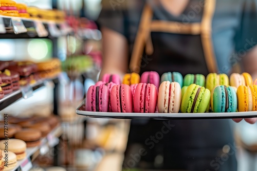 server holding a tray of colorful macarons in a bakery