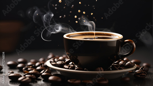 A steaming cup of freshly brewed coffee, its dark liquid swirling around coffee seed
