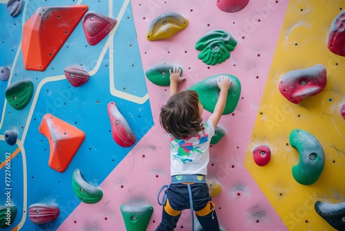 child reaching for a handhold on colorful indoor climbing wall photo