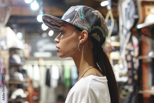 profile of a model sporting a trendy cap inside the shop © studioworkstock