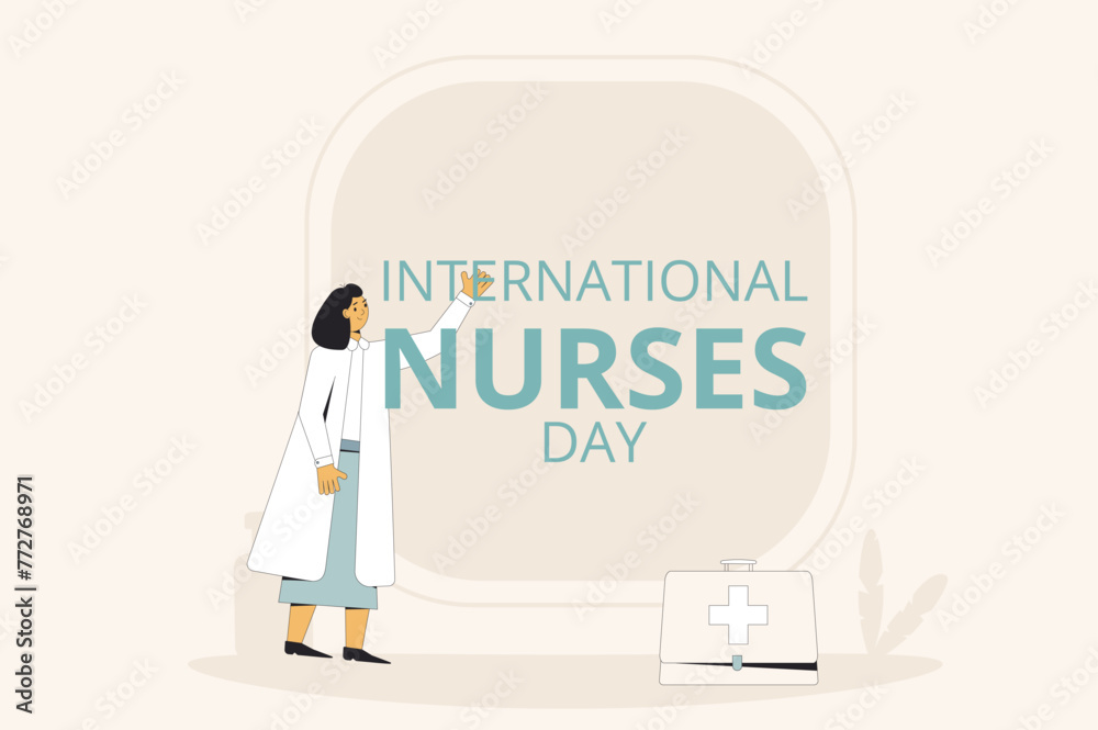 International nurses day text card. Holiday banner. Female character and medical symbols flat illustration. International nurses day text card. Holiday banner. Female character and medical symbols flat illustration.