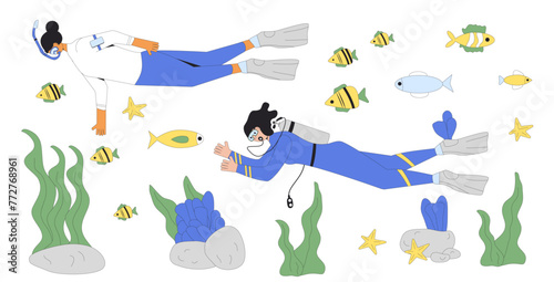 Diving snorkelling set. Women divers swimming in water suits, oxygen masks, tanks and equipment for scuba and snorkel. Underwater sea marine summer beach sport. Line art vector illustrations.