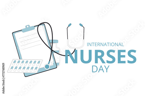 International nurses day text card. Holiday banner with medical symbols line art illustration.