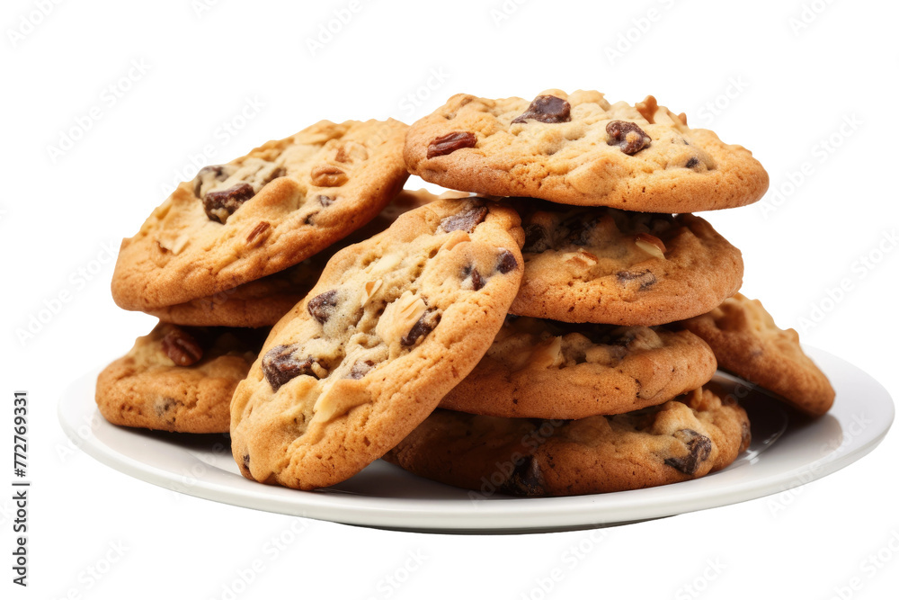 Heavenly Delights: White Plate Overflowing With Chocolate Chip Cookies. On a Clear PNG or White Background. Heavenly Delights: White Plate Overflowing With Chocolate Chip Cookies. On a Clear PNG or White Background.