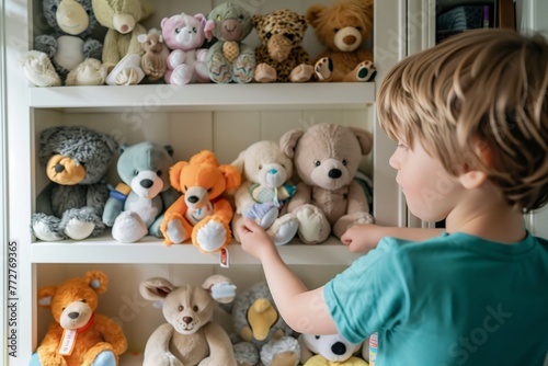 kid arranging stuffed animals on a shelf © studioworkstock
