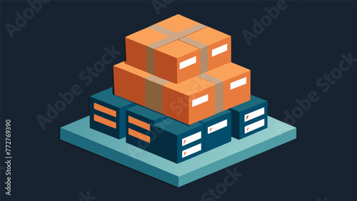 A stack of neatly packed labeled boxes containing modular components made in a microfactory for shipment to various manufacturers. The compact