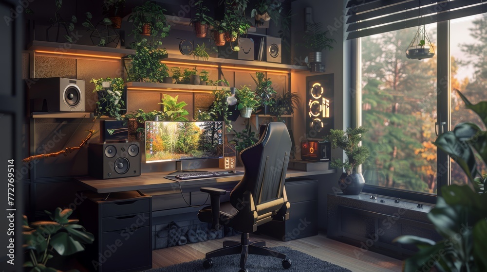 A person is sitting at a wooden desk in a room with plants