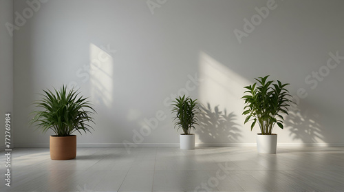 White wall empty room with plants on a floor,3D rendering. generative.ai