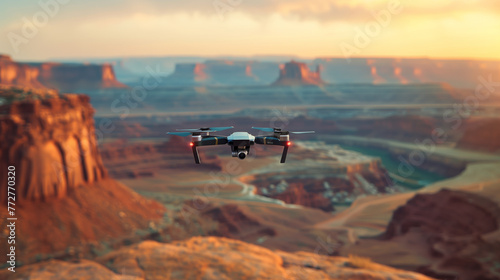 A drone hovers above a scenic canyon, capturing the golden hour as the sun sets over the rugged landscape. 